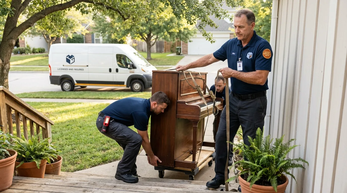 Licensed piano movers securing grand piano in Blakely, GA