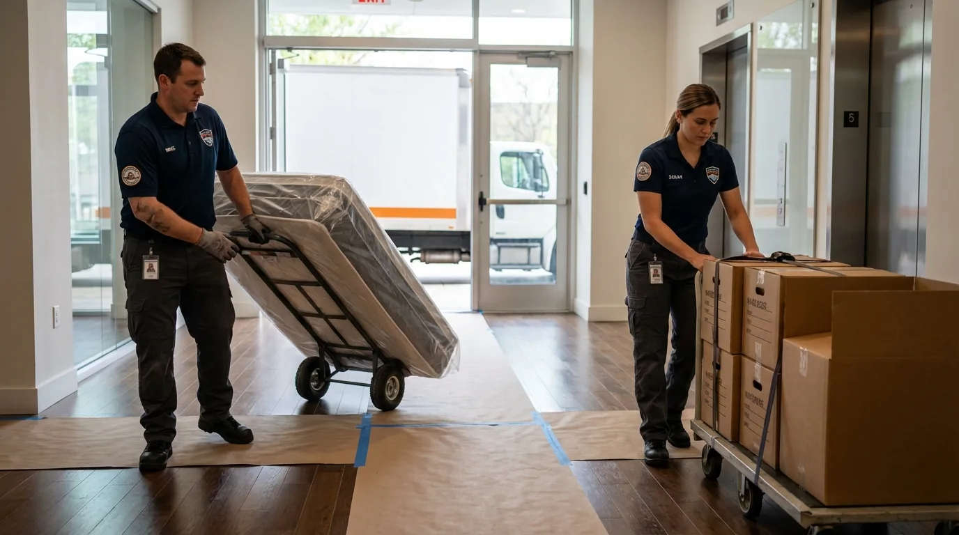 Professional apartment movers loading elevator in Blakely, GA